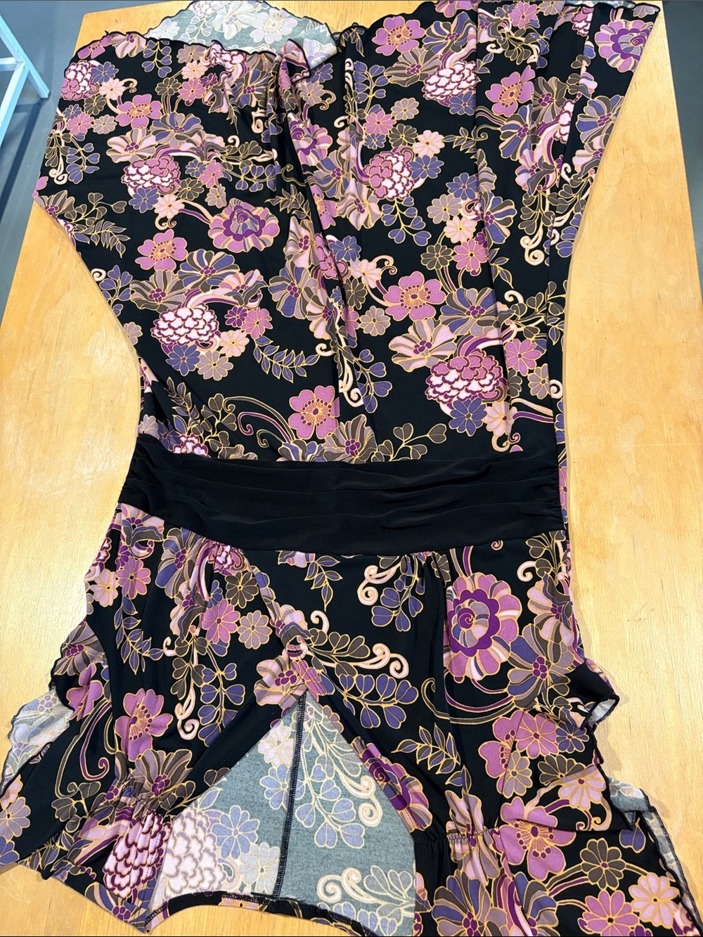 Black Floral High-Low Dress with Purple Accents